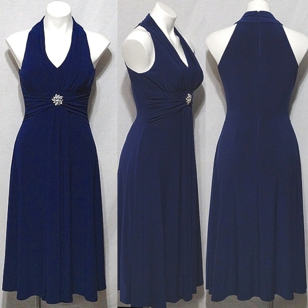 Jessica Howard Rhinestone Brooch Halter Cocktail Dress Size 4 Evening Party